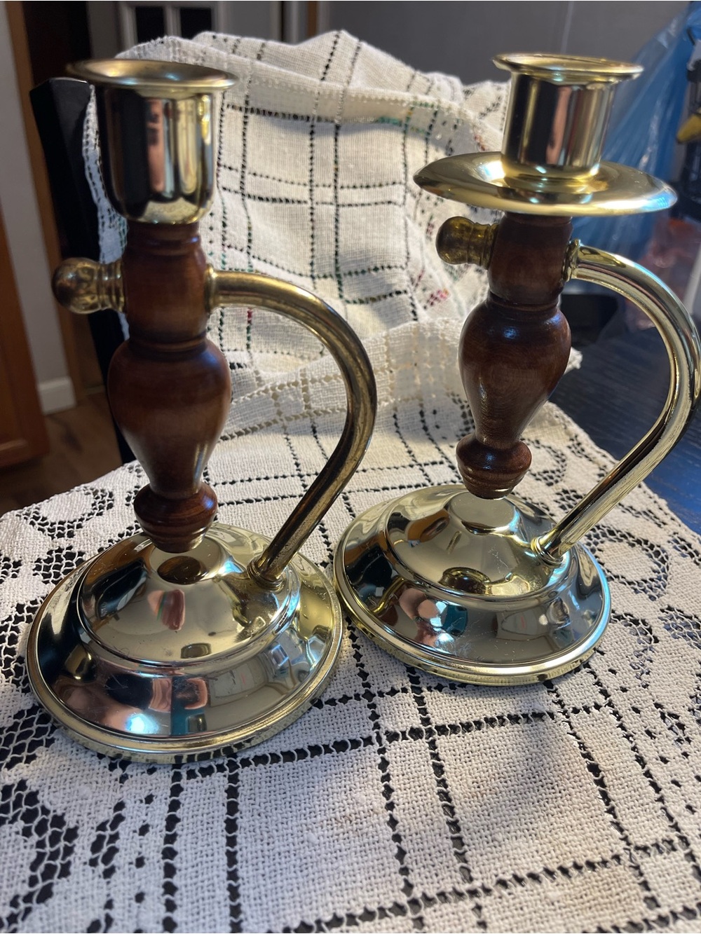 MCM- Home Interiors Brass and Wood Candlestick Pair